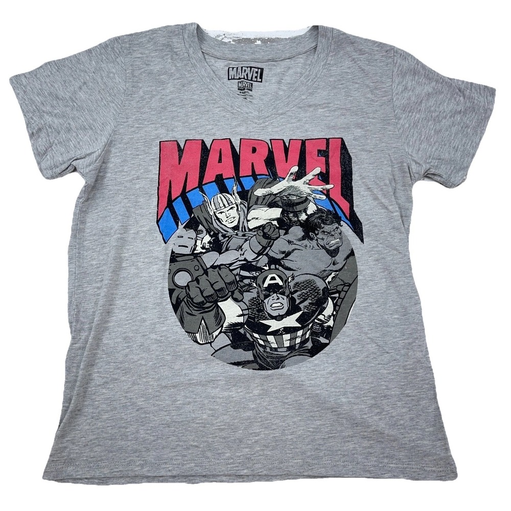 Marvel Shirt Women Medium Gray Tee V Neck Avengers Comics Hulk‎ Iron Man America